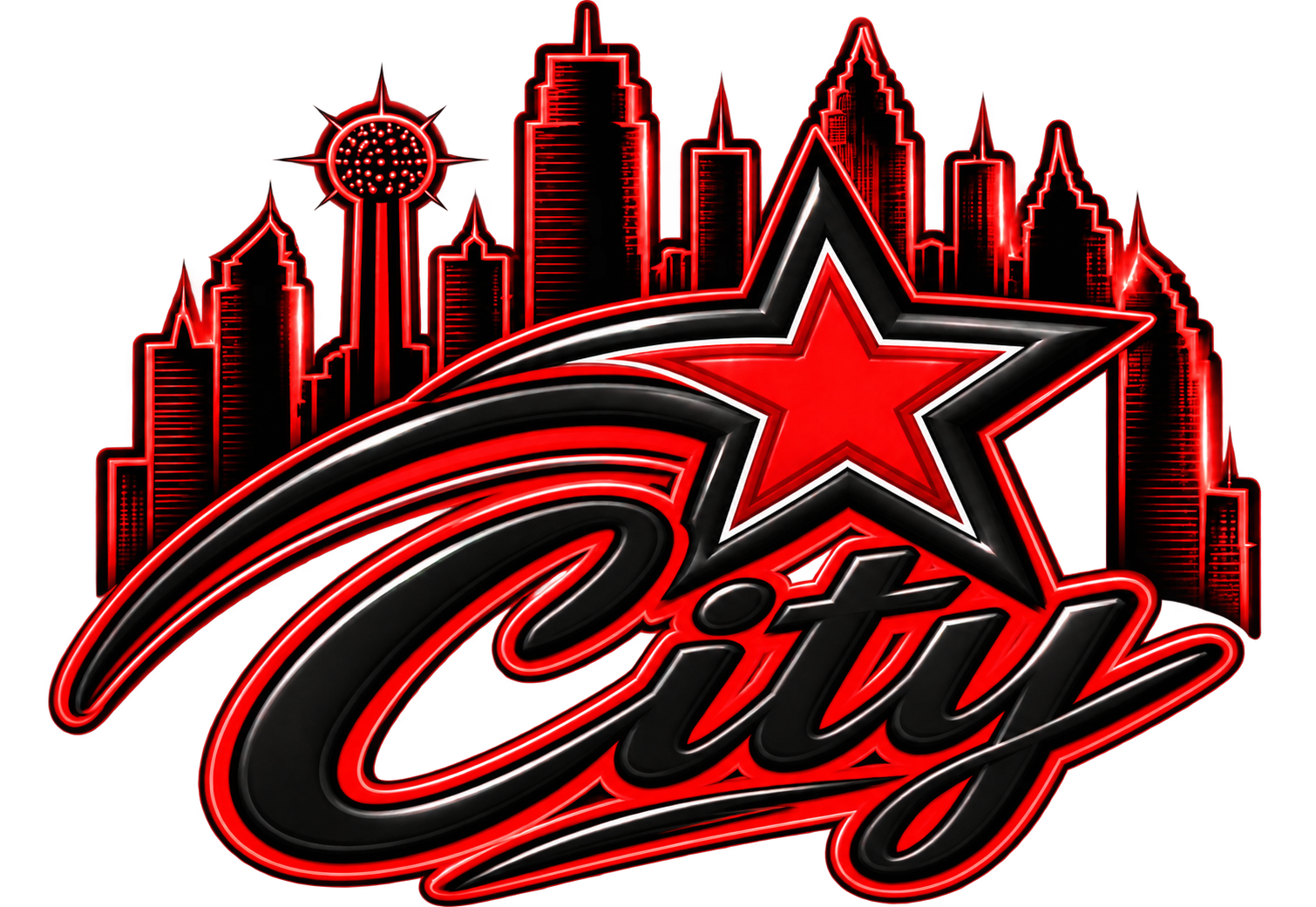 City shooting star logo over a red city skyline