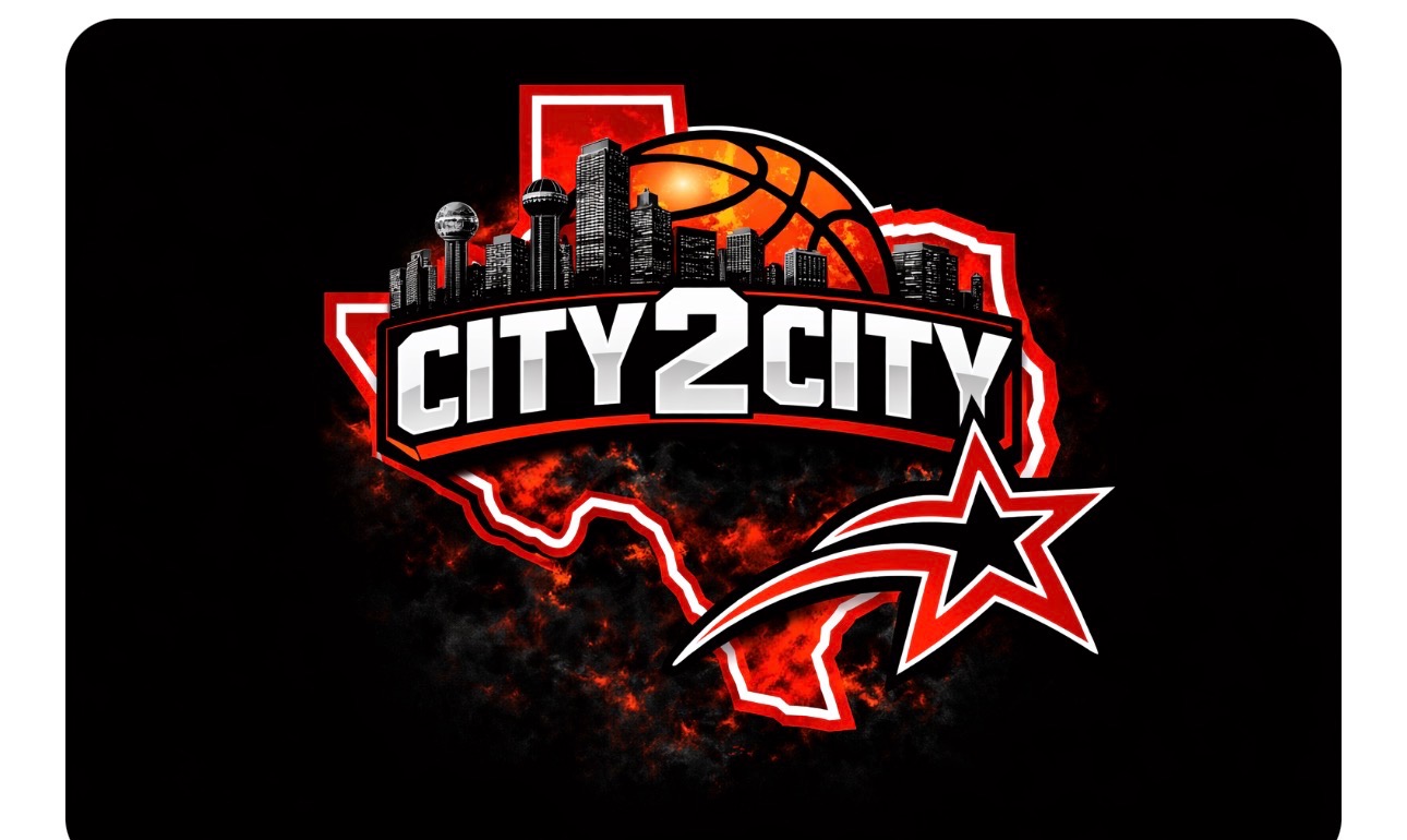 City2City logo with basketball, Texas outline, skyline and shooting star